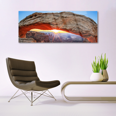 Glass Wall Art Rock sun landscape grey orange yellow