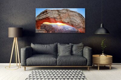 Glass Wall Art Rock sun landscape grey orange yellow