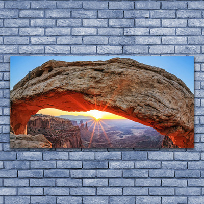 Glass Wall Art Rock sun landscape grey orange yellow