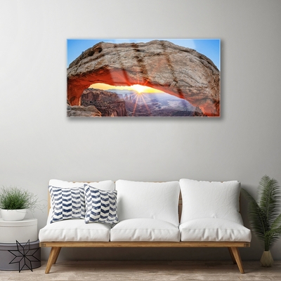 Glass Wall Art Rock sun landscape grey orange yellow