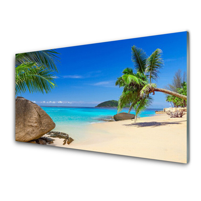 Glass Wall Art Beach sea stones landscape brown grey blue