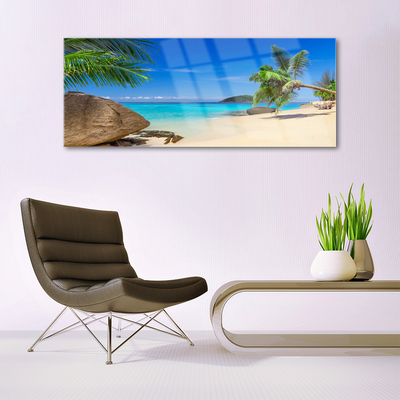 Glass Wall Art Beach sea stones landscape brown grey blue