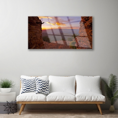 Glass Wall Art Rock landscape brown