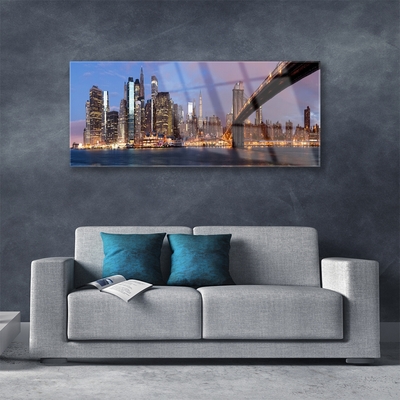 Glass Wall Art City bridge houses yellow brown grey blue