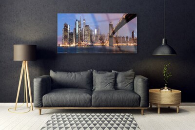 Glass Wall Art City bridge houses yellow brown grey blue