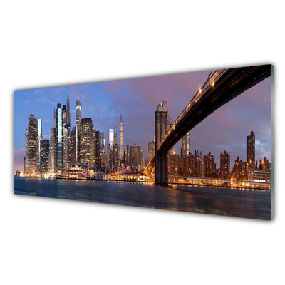 Glass Wall Art City bridge houses yellow brown grey blue