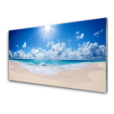 Glass Wall Art Beach sea sun landscape white blue