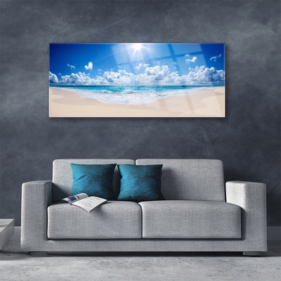 Glass Wall Art Beach sea sun landscape white blue