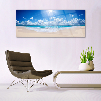 Glass Wall Art Beach sea sun landscape white blue