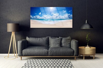 Glass Wall Art Beach sea sun landscape white blue