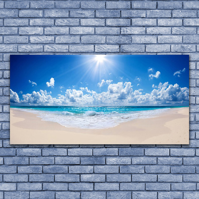 Glass Wall Art Beach sea sun landscape white blue