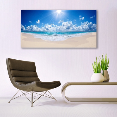 Glass Wall Art Beach sea sun landscape white blue