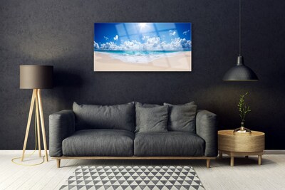 Glass Wall Art Beach sea sun landscape white blue