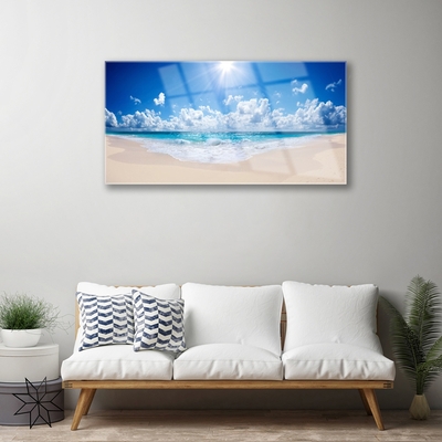 Glass Wall Art Beach sea sun landscape white blue