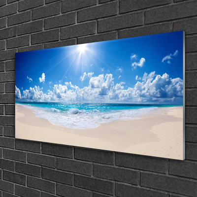 Glass Wall Art Beach sea sun landscape white blue