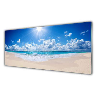 Glass Wall Art Beach sea sun landscape white blue