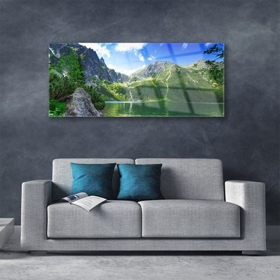 Glass Wall Art Mountain lake nature grey green