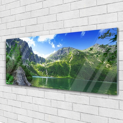 Glass Wall Art Mountain lake nature grey green