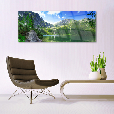 Glass Wall Art Mountain lake nature grey green