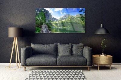 Glass Wall Art Mountain lake nature grey green