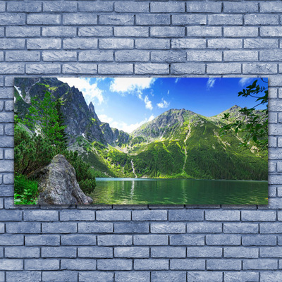 Glass Wall Art Mountain lake nature grey green