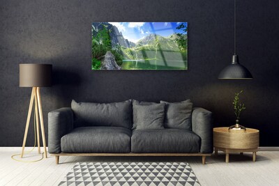 Glass Wall Art Mountain lake nature grey green