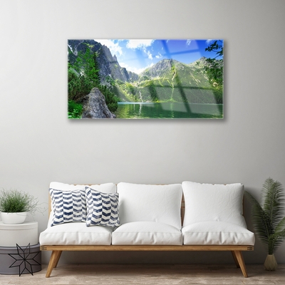 Glass Wall Art Mountain lake nature grey green