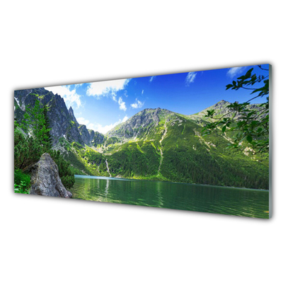 Glass Wall Art Mountain lake nature grey green