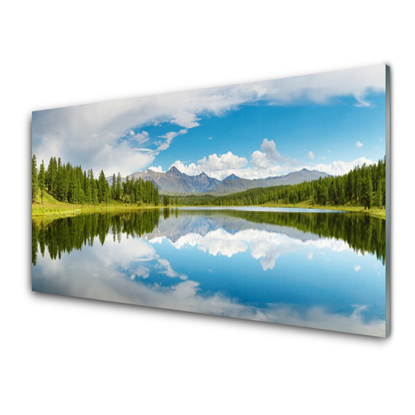 Glass Wall Art Forest lake landscape green blue