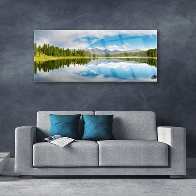 Glass Wall Art Forest lake landscape green blue