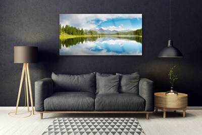 Glass Wall Art Forest lake landscape green blue