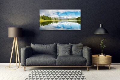 Glass Wall Art Forest lake landscape green blue