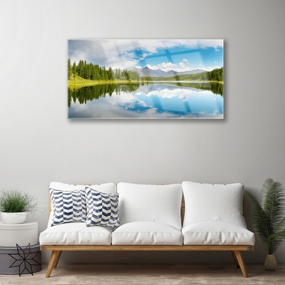 Glass Wall Art Forest lake landscape green blue