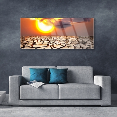 Glass Wall Art Sun desert landscape yellow brown