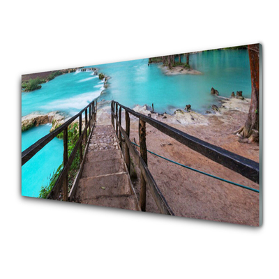 Glass Wall Art Stairs lake architecture brown black blue