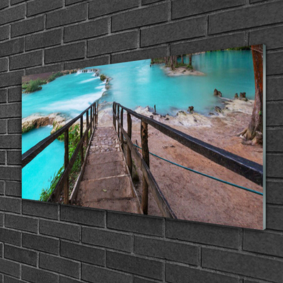 Glass Wall Art Stairs lake architecture brown black blue