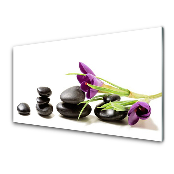 Glass Wall Art Flower stones art black pink green