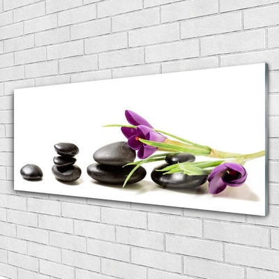 Glass Wall Art Flower stones art black pink green