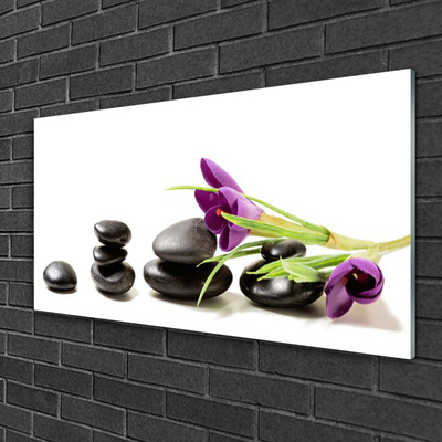 Glass Wall Art Flower stones art black pink green