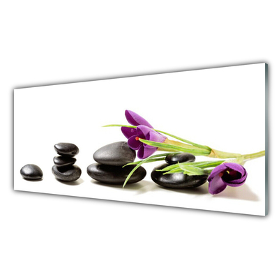 Glass Wall Art Flower stones art black pink green