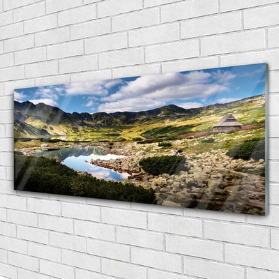 Glass Wall Art Mountain lake landscape grey green blue