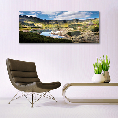 Glass Wall Art Mountain lake landscape grey green blue