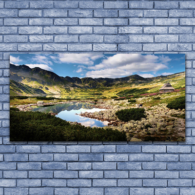 Glass Wall Art Mountain lake landscape grey green blue