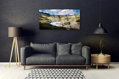 Glass Wall Art Mountain lake landscape grey green blue