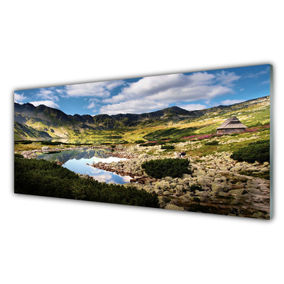 Glass Wall Art Mountain lake landscape grey green blue