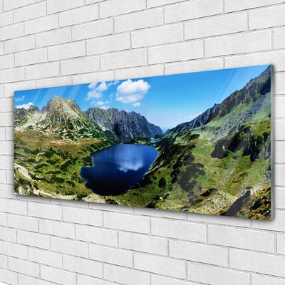 Glass Wall Art Mountain lake landscape grey green blue