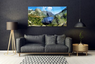 Glass Wall Art Mountain lake landscape grey green blue