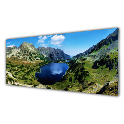 Glass Wall Art Mountain lake landscape grey green blue