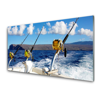 Glass Wall Art Fishing sea landscape green black white blue