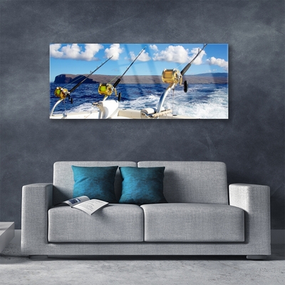 Glass Wall Art Fishing sea landscape green black white blue